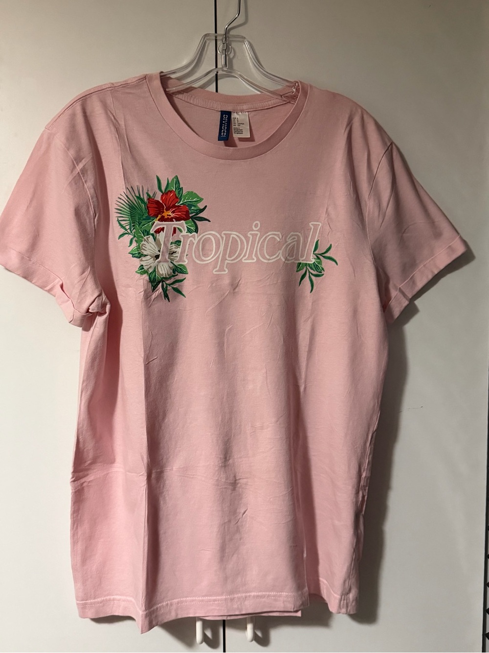 H&M Pink Tropical Graphic Tee with Floral Accents Small